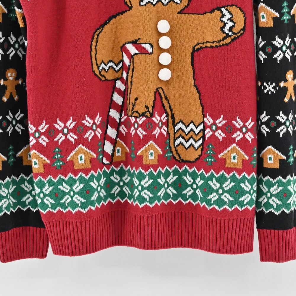 UGLY CHRIATMAS‎ SWEATER Mens Size XL Gingerbread Man Oh Snap Candy Cane Crutch - Picture 3 of 12